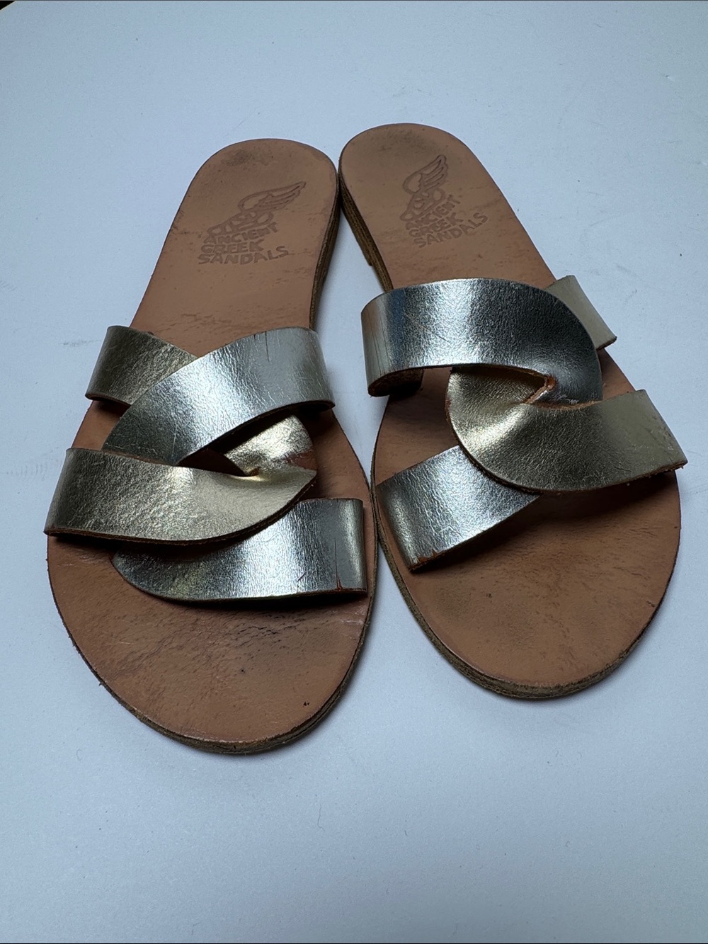 ANCIENT GREEK SANDALS Desmos Slides Two Tone Metallic Gold Sandals Slip-On 38